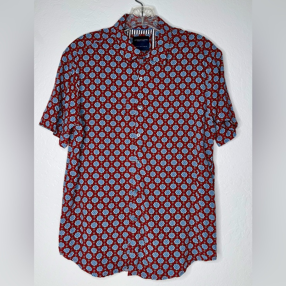 Denim & Flower Mens Size Small Button Up Shirt Floral Stretch Burgundy Career